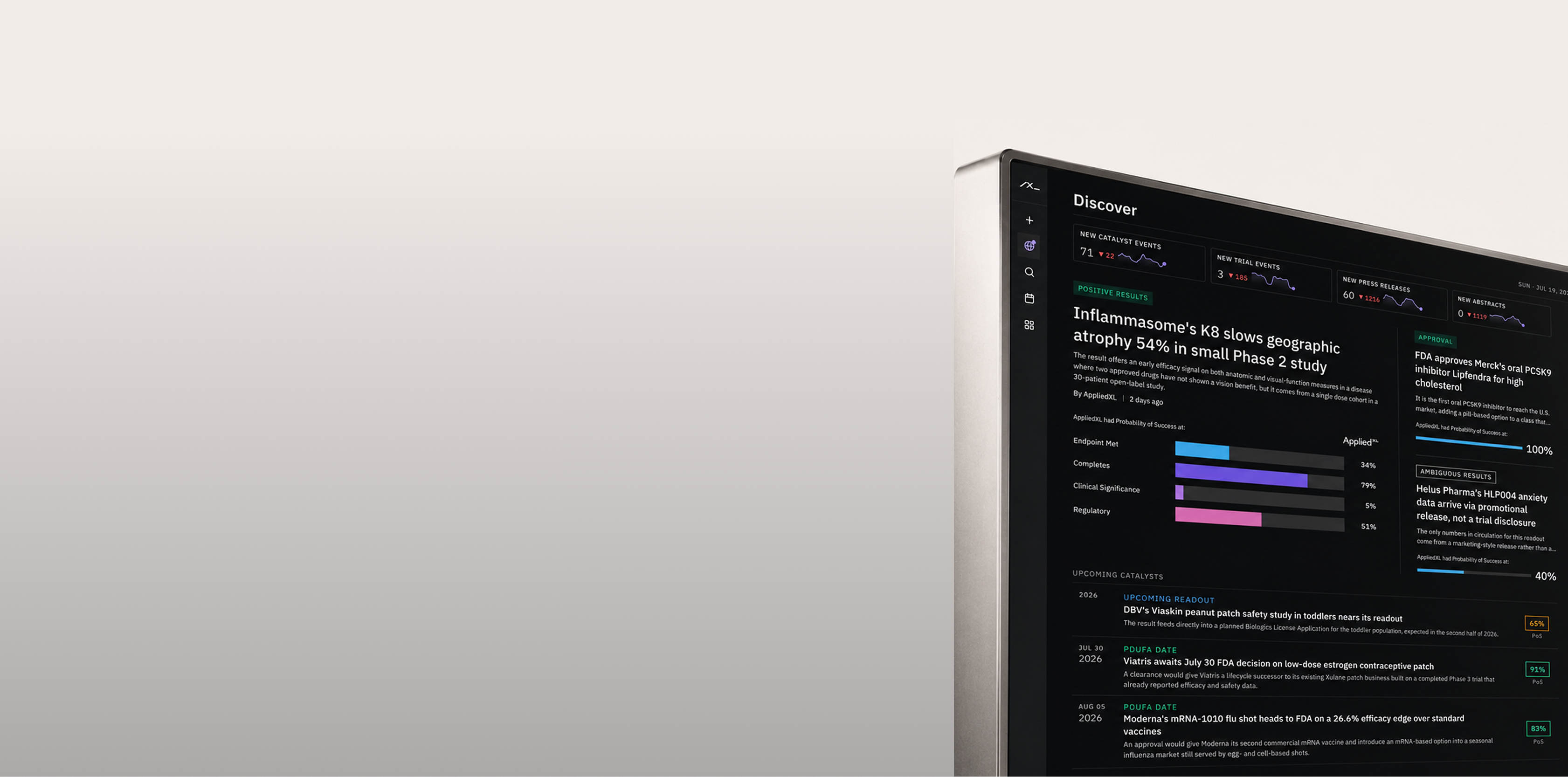 The AppliedXL Biotech platform — Discover feed with live readouts and Probability of Success scoring