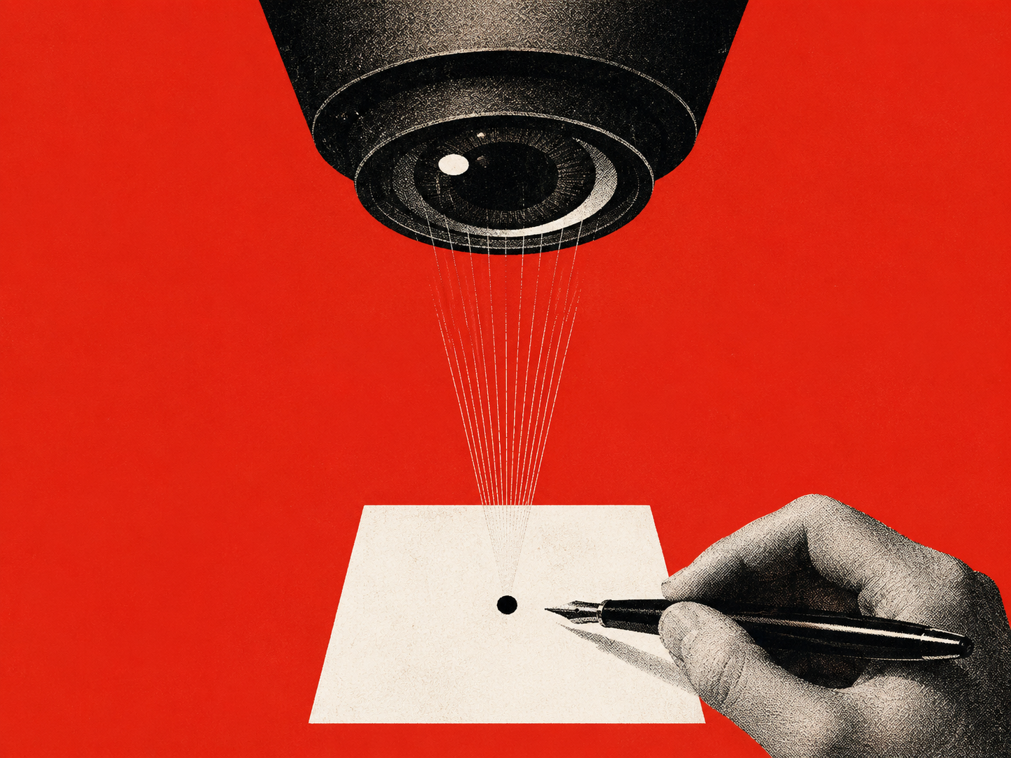 An overhead lens observes a blank page as a hand inscribes the first mark — origination as first contact with the record.
